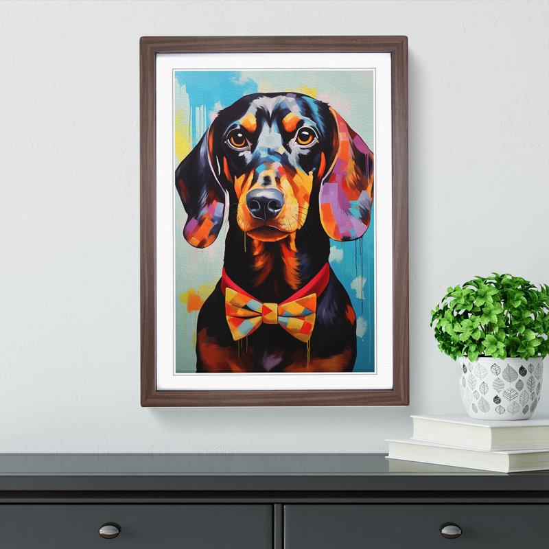 Dachshund Modern - Single Picture Frame Print on Wood, 34cm H x 25cm W x 2cm D, Walnut
