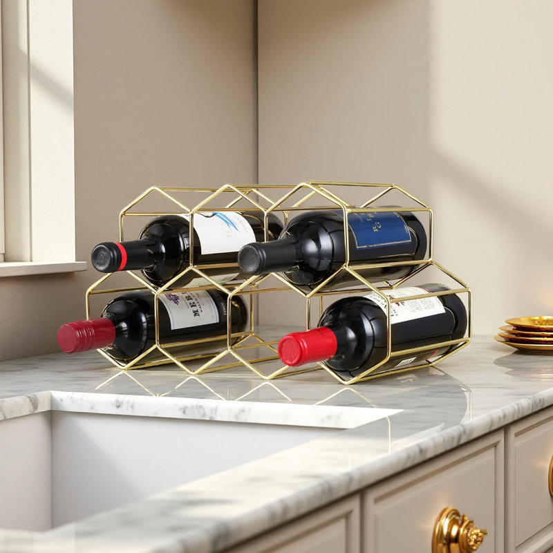 Support à vin de comptoir pour 9 bouteilles, porte-bouteilles en métal en nid d'abeille pour vins rouges et blancs, range-bouteilles sur pied pour la maison, la cuisine ou le bar, doré