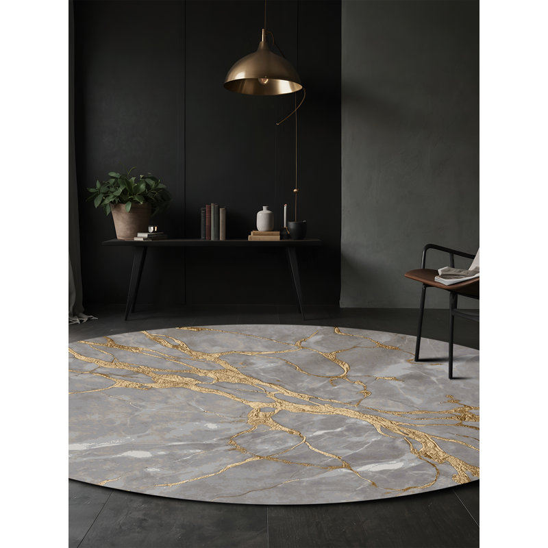 Tapis gris soyeux et moelleux, Rond 5 pi