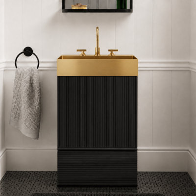 20" Modern Freestanding Bathroom Vanity with Integrated Brushed Gold Stainless Steel Sink and Fluted Matte Black Cabinet