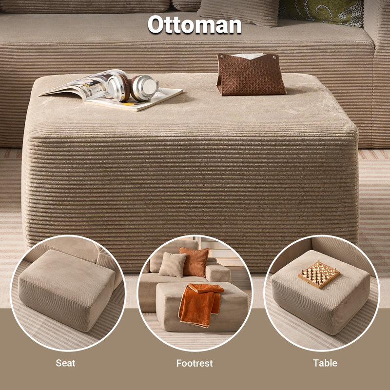 Vivelle 37'' Wide All-Foam Upholstered Ottoman No Assembly Needed, Cream Corduroy
