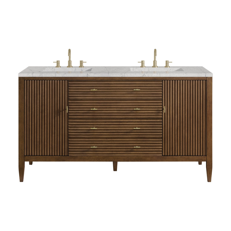 Myrrin 60 in. Double Vanity, Mid-Century Walnut, Eternal Jasmine Pearl, 8" Widespread
