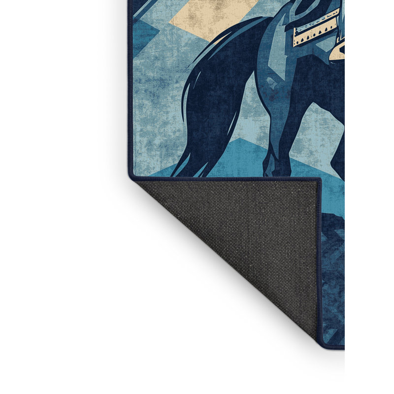 Soft Plush Dunton Mounted Warrior Rustic Geometric Area Rug in Blue – Navy Binding, 5x8