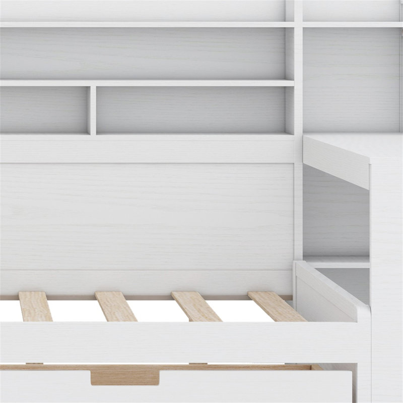 Wooden Daybed With Storage Shelves,Two Storage Drawers And Study Desk, Antique White