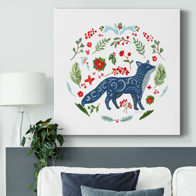 Christmas Folk Fox - reproduction sur toile tendue, H 40 po x l 40 po x P 1,5 po