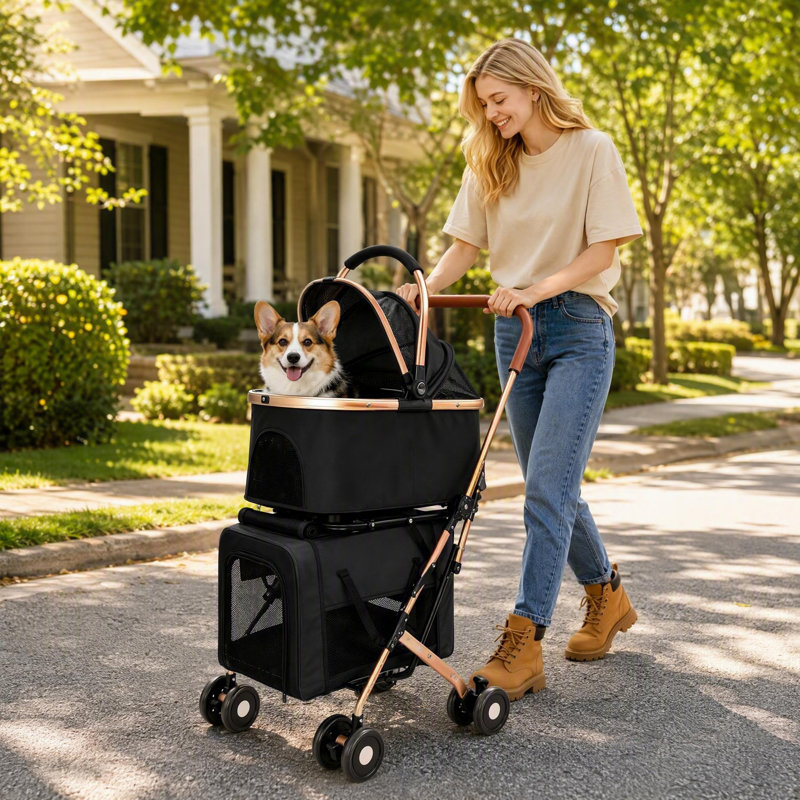 Poussette double pour petits et moyens chiens et chats, sac de transport pliable 3 en 1 avec sac de rangement, laisses de sécurité, rangement et roues verrouillables