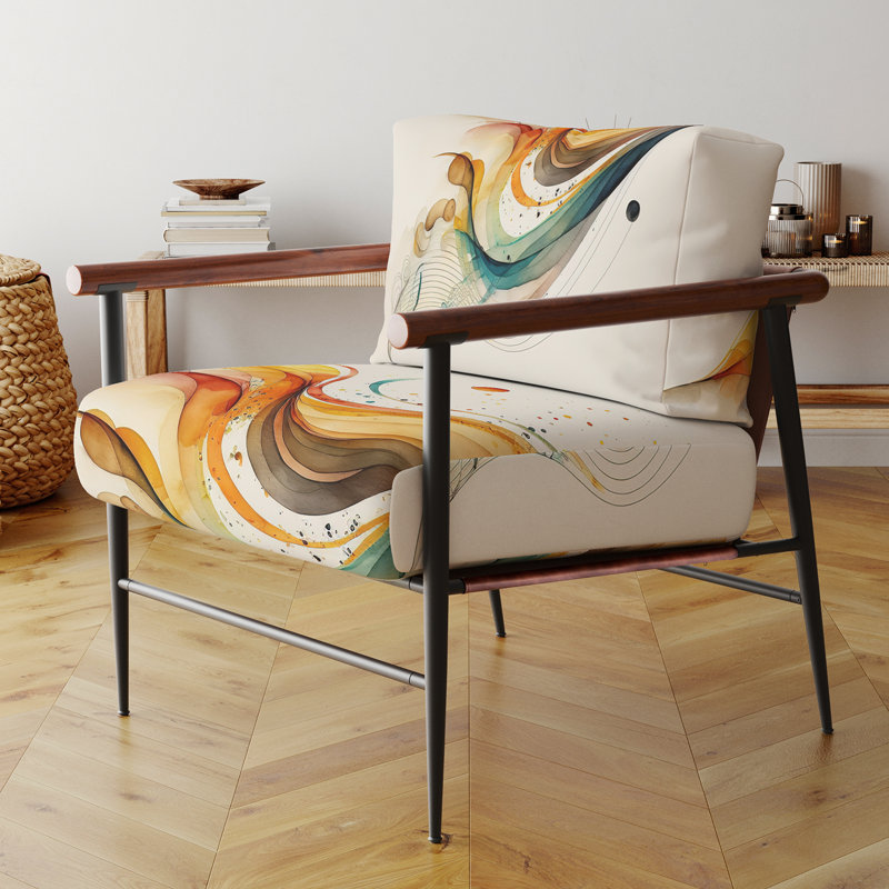 Burnt Orange Waves Abstract II - Fauteuil rembourré minimaliste, fauteuil d'appoint orange, Doré