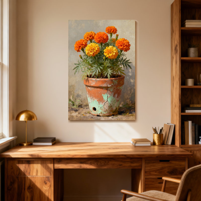Plantes et fleurs fleurs de souci dans un pot en terre cuite, H 12 po x l 18 po