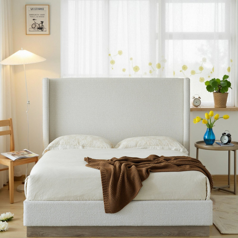 Très grand lit à oreilles tapissier 53,1 po - Base en bois rustique avec tissu bouclé, Très grand lit