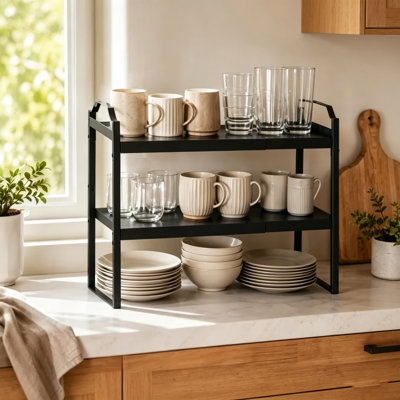 Ensemble de 2 tablettes d'armoire extensibles, étagère de comptoir empilable avec longueur réglable, noir