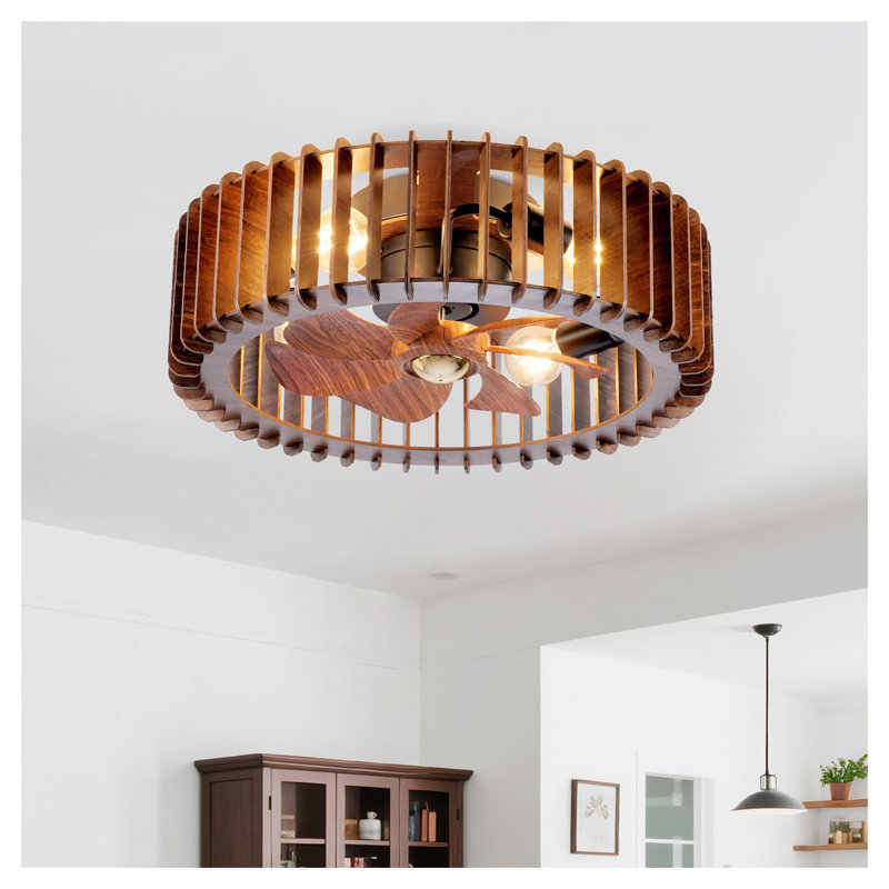 Ventilateur de plafond de style campagne moderne 20 "avec lumière - Ventilateur encastré à profil bas en bois, moteur à courant continu silencieux, télécommande pour chambre à coucher et salon