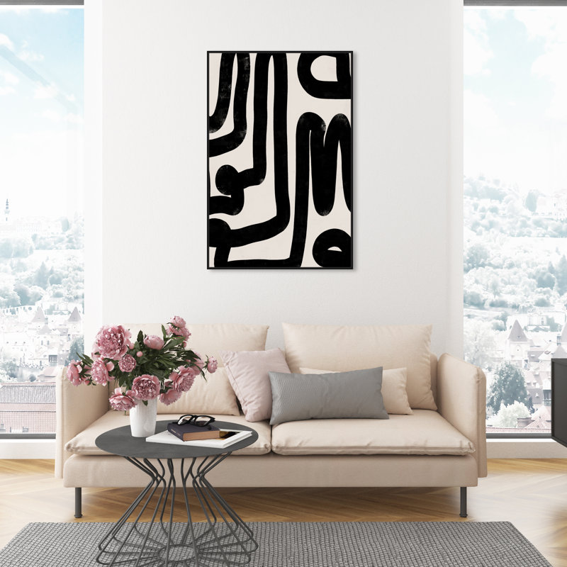 Modern Bold Brush Stroke Lines Print, Black Framed Canvas, 46" H x 31" W