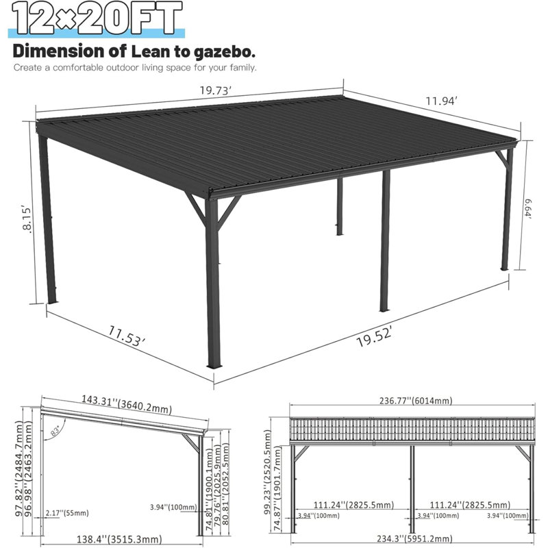 Auvents et pavillons de jardin robustes (avec cadre inclus), patio moderne en acier 12 x 20 pi