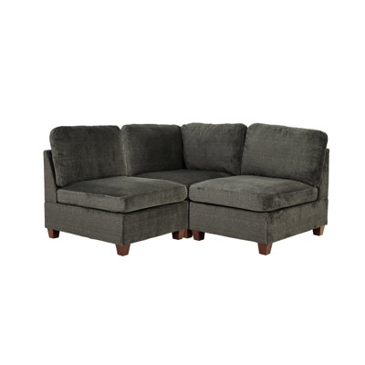 Canapé modulaire 3 pièces en chenille gris avec dossier coussiné et siège sans accoudoirs