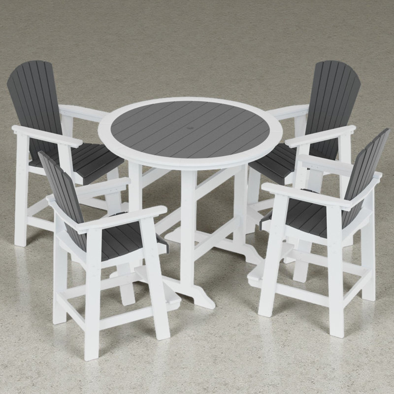 HDPE 5-Piece Patio Bar Set, 42 Inch High Top Outdoor Table With 4 Adirondack Chairs, All-Weather White & Gray Bar Height Table And Stools Set For Garden, Pool, Deck, Balcony