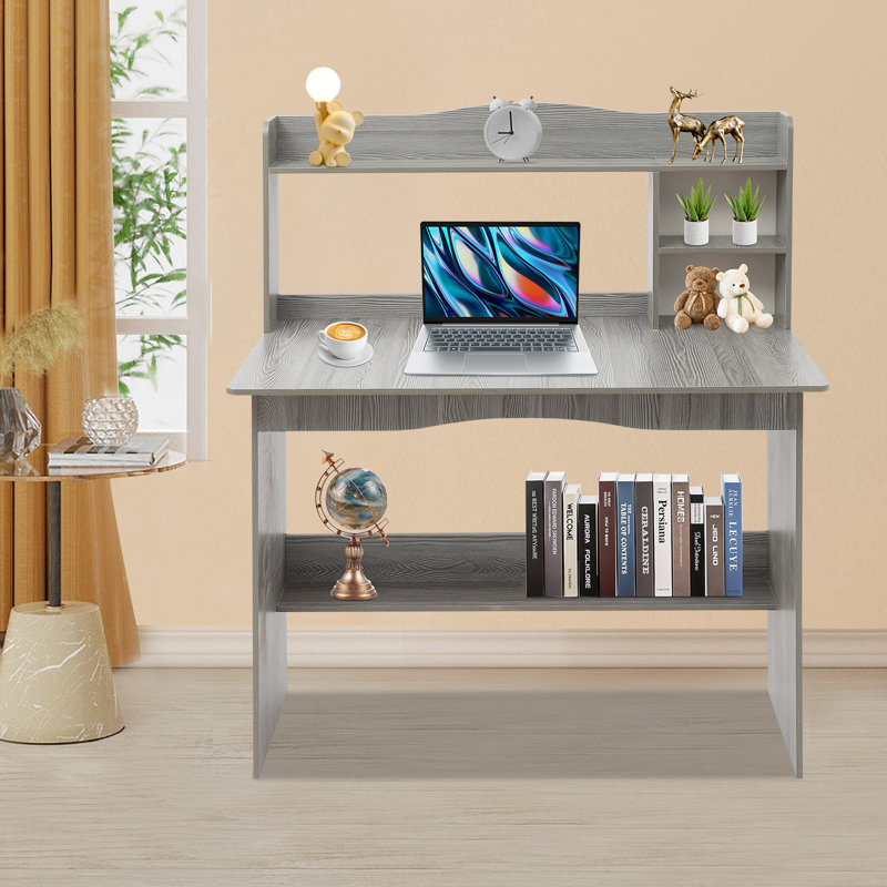 Computer Desk With Bookshelf - 39.37" X 18.9" Desktop Size, Gray