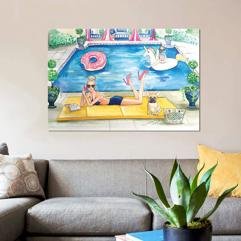 « summer pool party » par rongrong devoe, impression sur toile tendue, H 18 po x l 26 po x P 1,5 po, Toile avec cadre noir