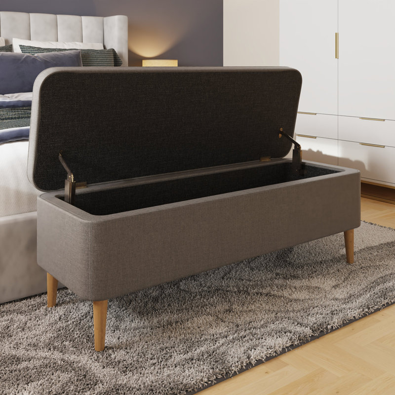 Derryberry Ottoman Storage Bench. Grey Button Tufted Linen Fabric Upholstered. 2 Leg Options Included.