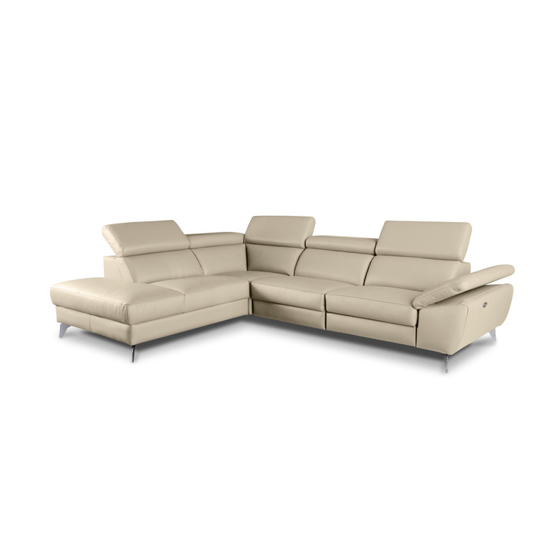 Olligs Genuine Leather Reclining Corner Sofa with Adjustable Headrests and Adjustable Armrest, Cream Genuine Leather