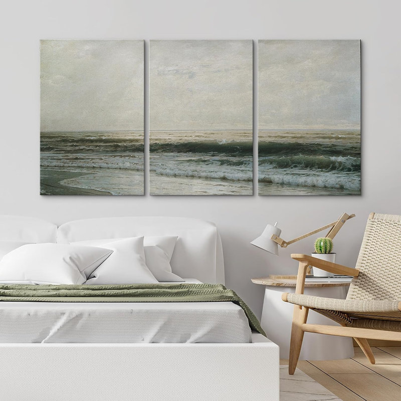 Aquarelle plage côtière 3 pièces, Toile tendue, H 24 po x l 16 po x P 1,5 po