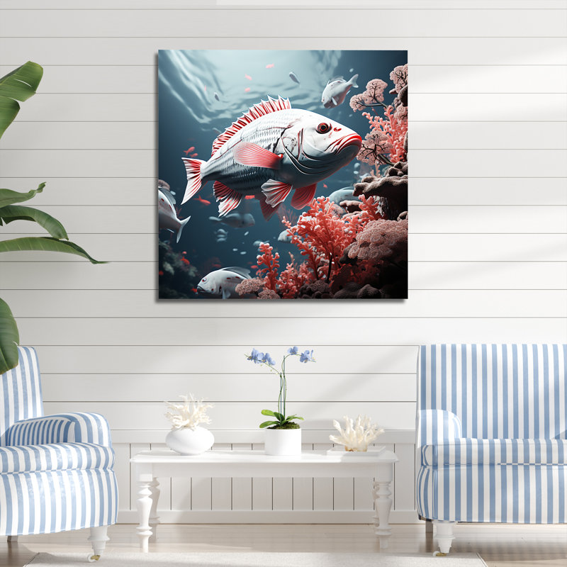 Danse de poissons monochrome rose et gris, Toile tendue, H 30 po x l 30 po x P 1 po