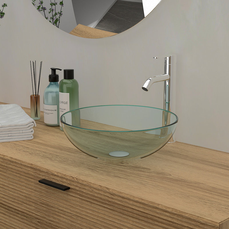 Lavabo de salle de bain vasque en verre trempé avec robinet chromé et drain escamotable, transparent