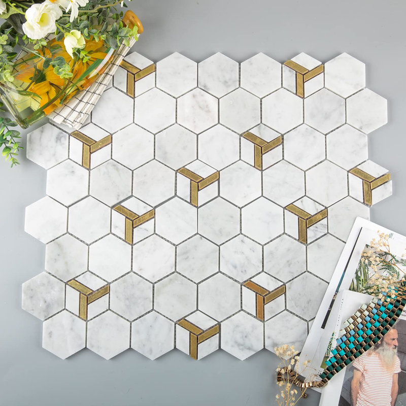 Carreau de mosaïque en marbre blanc hexagonal Lovdeco Bianco Alba, Carrara White-3" Hexagon