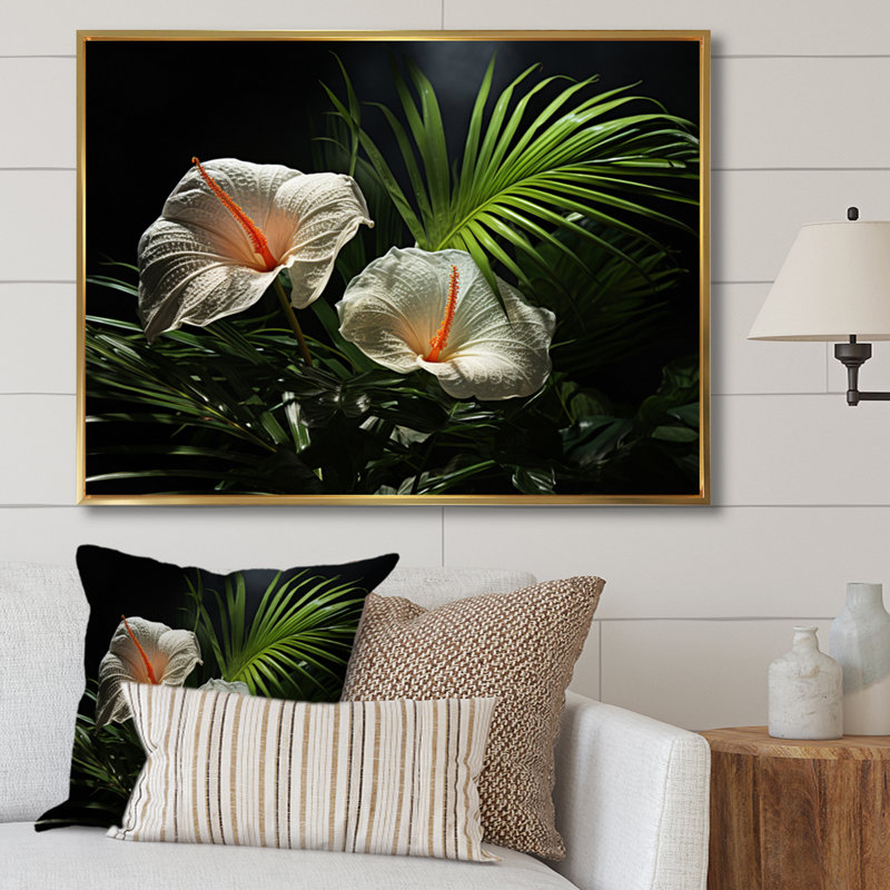 Anthurium blanc dans un salon tropical - art mural floral, H 12 po x l 20 po x P 1 po, Cadre flottant doré
