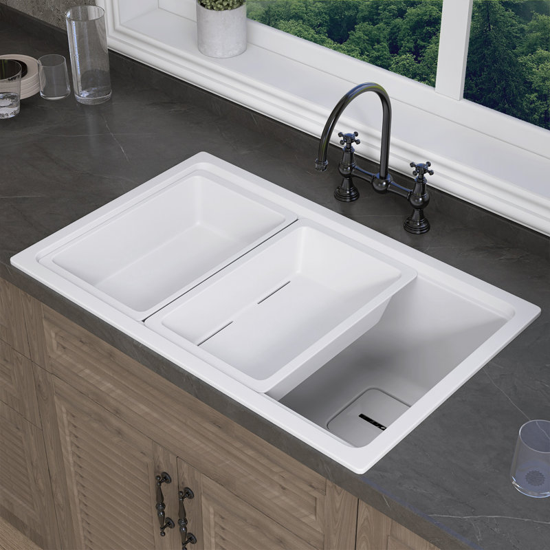 27" L X 21" W  Drop In Workstation Granite Composite Sink In White With With Prep Sink And Colander