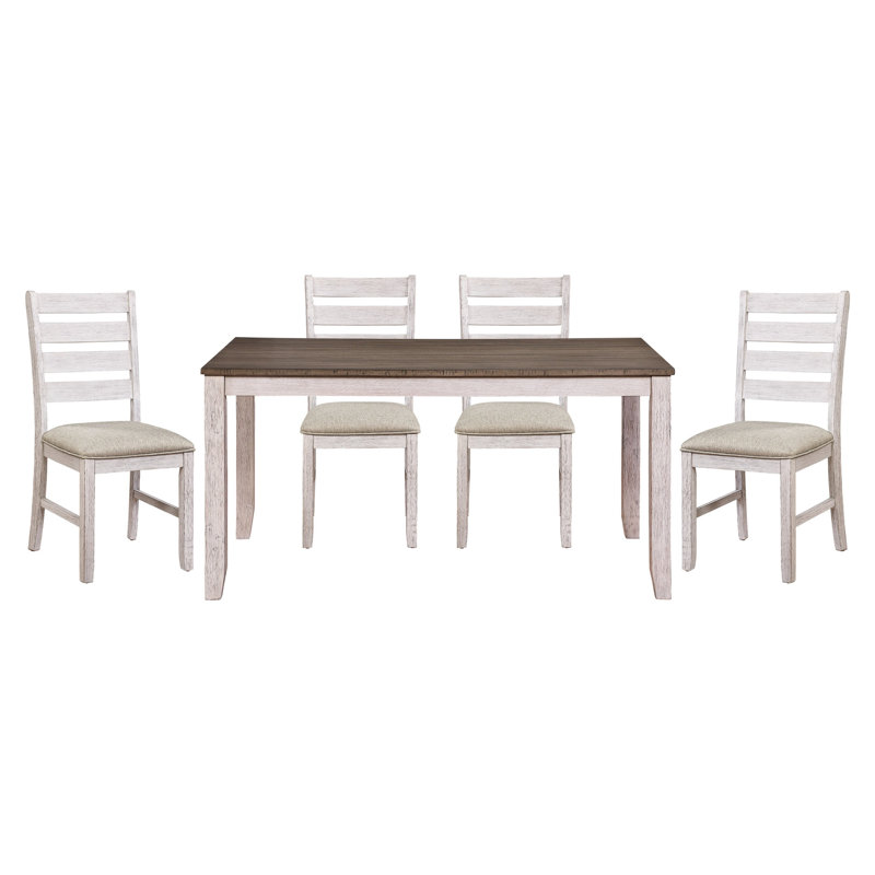 5 pièces, espace pour manger - Table rectangulaire en bois avec 4 chaises en tissu d'ameublement en tissu brun et blanc et brun