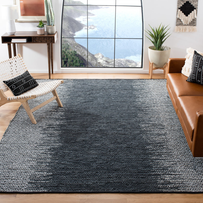 Phillis Vintage Leather Hand Woven Leather/Cotton Geometric Rug in Light Grey/Charcoal, Rectangle 4' x 6'