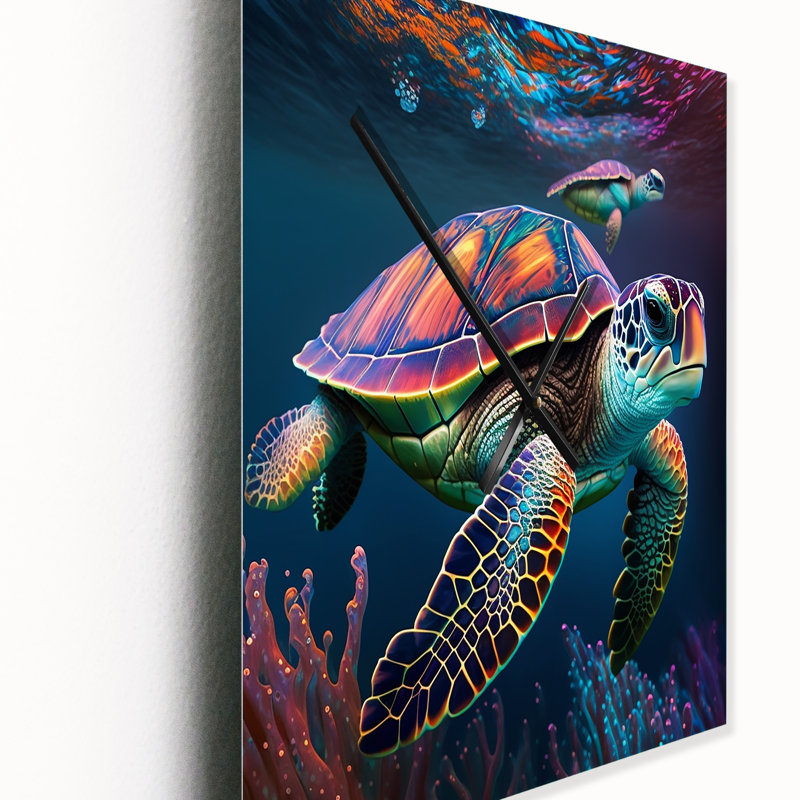 Horloge murale colorée sur fond de tortue de mer I - animaux, Petit