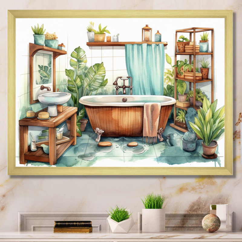 «Natural Bathroom Decor XX», reproduction sur toile encadrée, Cadre doré à une seule photo, H 12 po x l 20 po x P 1 po