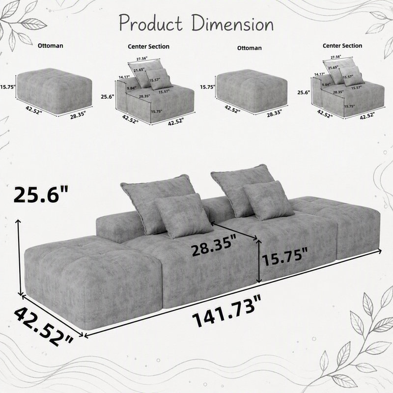 Canapé modulaire surdimensionné moderne avec repose-pieds et sièges multiples, coussins moelleux, combinaison de bricolage et aucun assemblage requis pour des espaces de vie confortables