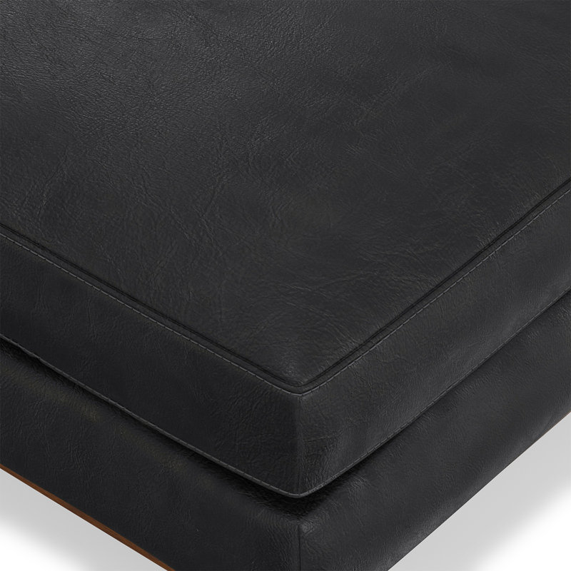 Repose-pieds rembourré l 33 po avec pieds en bois massif Morrison, Cuir véritable noir