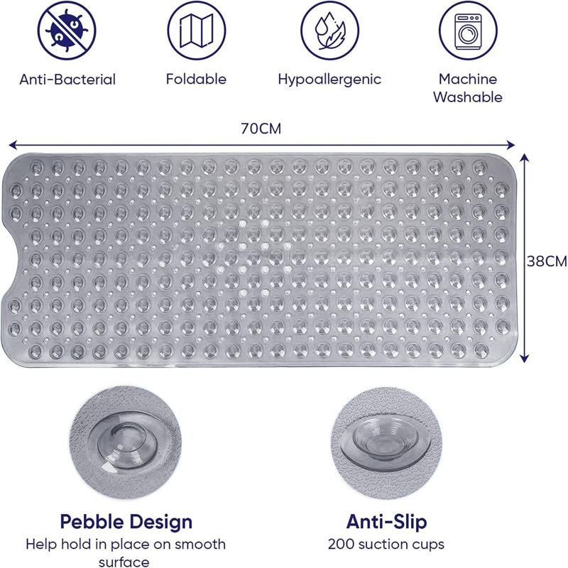 Aspire Homeware Non-Slip Polypropylene Shower Mat with Extra-Thick Suction Cups, Square (53cm L x 53cm W), Grey
