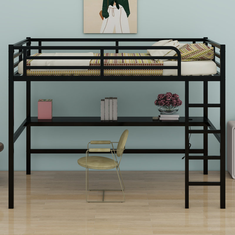 Metal Loft Bed With Power Outlet And LED Lighted, Space-Saving