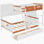 Lit superposé simple au-dessus d'un lit double en bois avec garde-robe, tiroirs, tablettes et lumière DEL