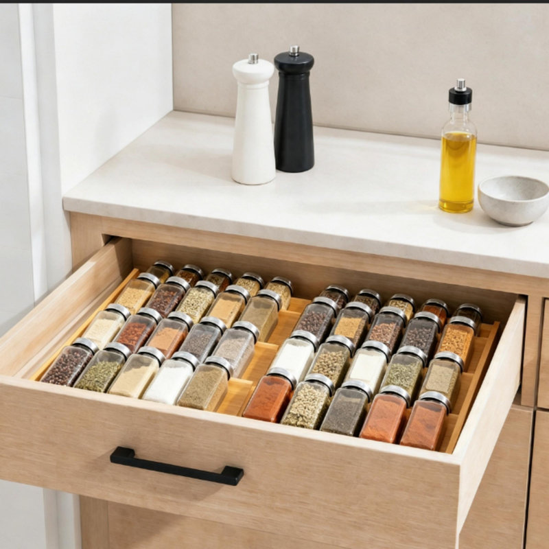 Organisateur de tiroir à épices en bambou, étagère à épices extensible à 4 niveaux pour armoires de cuisine, convient aux tiroirs profonds de 3 po, insert de rangement pour assaisonnements (pots non inclus)
