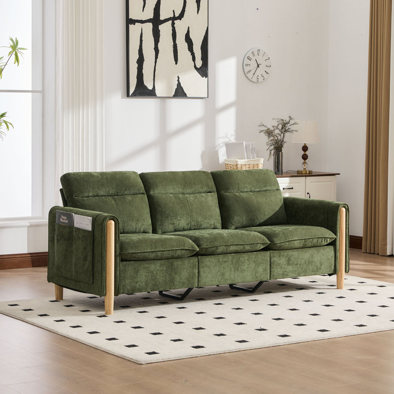 Chenille Sofa,3 Seater Couch,Mid Century Modern Couches with Solid Wood Legs for Living Room, Emerald Chenille