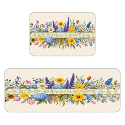 Ensemble de 2 tapis de cuisine jaunes mélangés à fleurs printanières