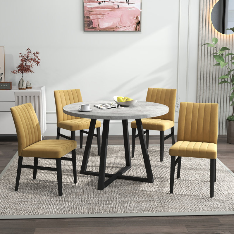 Ensemble de salle à manger 5 pièces Edo, table à tréteaux ronde et 4 chaises rembourrées Edo, Jaune