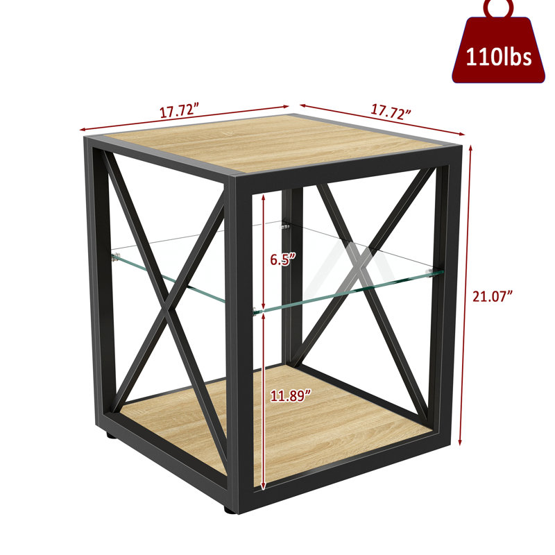Ensemble de 2 tables de chevet modernes pour chambre et salon, de style industriel, avec dessus en verre trempé et bois naturel. Organiseur à plusieurs niveaux stable et peu encombrant, offrant un rangement compact.