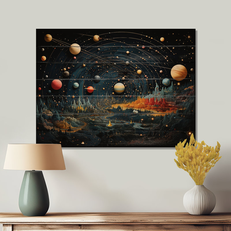 Gigue - Astronomie et espace, décor de bois sur bois de pin naturel, H 24 po x l 32 po