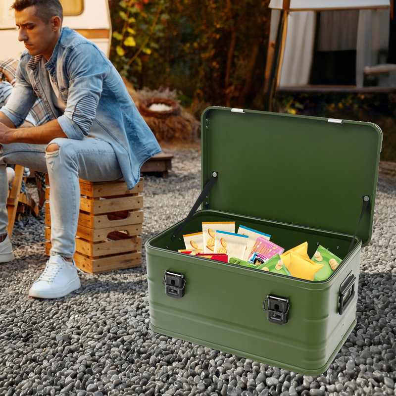 Boîte de rangement verte avec couvercle, 50 litres (13,21 gallons), bac de rangement pour pique-nique, contenant de rangement en alliage d'aluminium pour une utilisation intérieure et extérieure