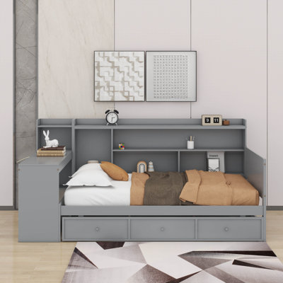 Lit de jour en bois avec 3 tiroirs, ports USB et bureau