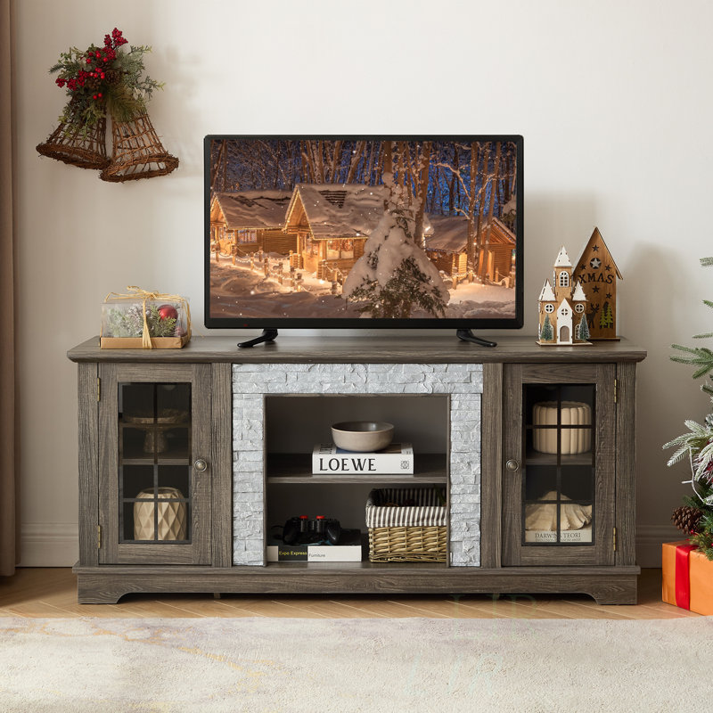 Modern 58-Inch Faux Stone Media Console Cabinet With 2-Door Storage For Living Room | Gift Idea, Gray, No