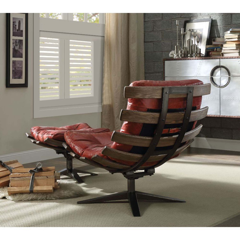 Helga Upholstered Swivel Accent Chair with Ottoman, Antique Red