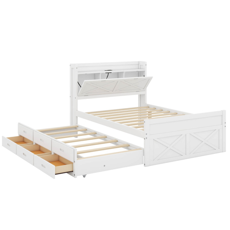 Lit double en bois avec lit gigogne et trois tiroirs de rangement, Blanc