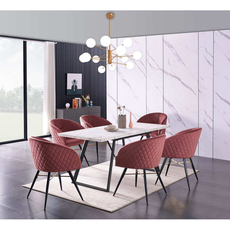 Goddard 6 Person Dining set - a Rectangular Extendable Dining Table with Metal Legs and a Set of 6 Quilted Velvet Dining Chairs for Dining Room - Modern Dining Table Set